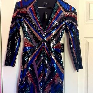 Express- Multicolor Long Sleeve V Neck Sequin Dress Petite Extra Small NWT